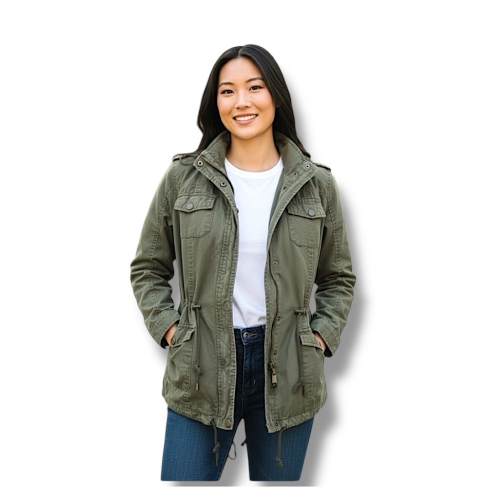 NEW LOOK Green Khaki Hoodie Zip Front Utility Jacket SZ M